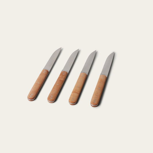 Four knives with brown handles on a light beige background